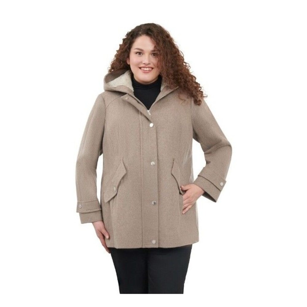 NWT London Fog Sherpa-Lined Hood Wool Blend Anorak Jacket 3X Taupe Heather